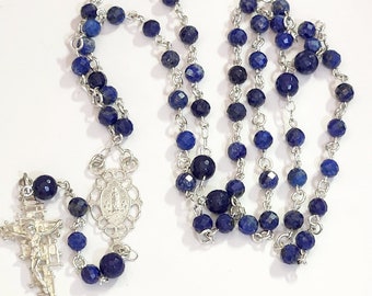 Faceted Lapis Lazuli Rosary with Sterling Silver links, Filigree Center, and Abstract Crucifix, 24" long