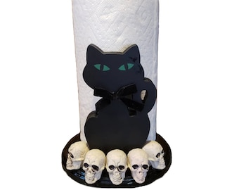 Halloween Black Cat and Skulls on resin black base decorative paper towel holder, paper holder, kitchen towel, holder