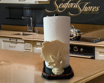 White Faux Coral atop Resin Covered Wood Base Paper Towel holder, Beach Décor, kitchen, bathroom, paper dispenser