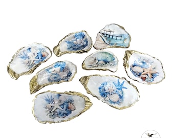 Oyster Shell with Decoupage Ring/Jewelry/Trinket Dish 3 to 5 inches, Resin finish