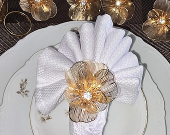 Handmade Set of 6 Gold Metal Napkin Rings with Large Gold Flower Accents