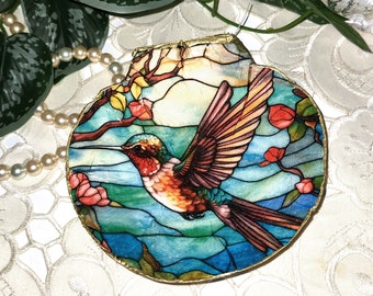 Large Scallop Shell with Decoupage Stained Glass Hummingbird Ring/Jewelry/Trinket Dish approx 5.5 inches, Resin finish