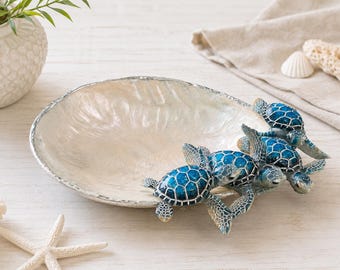 8-Inch Turtle Faux Shell Trinket Dish, Pearlescent Coastal Decorative Bowl, Blue Sea Turtle Jewelry Catchall, Beach House Deco