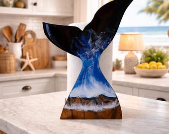 Handmade Whale Tail Resin Paper Towel Holder – Ocean Scene Base – Coastal Kitchen Statement