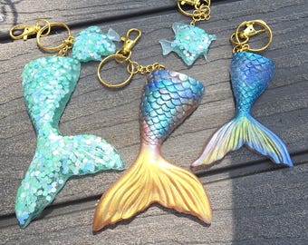 Handmade Mermaid Tails 3-4" or Small Fish 1.5 x 1.5" Hand-Painted Resin Keychains