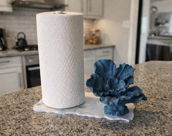 Handmade Paper Towel Holder, Blue Coral Resin Base, Coastal Kitchen Decor