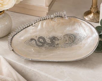 10 Inch Faux Shell Dragon Trinket Dish, Pearlescent Decorative Bowl, Silver Dragon Moon Tray, Mystical Jewelry Catchall, Fantasy Home Decor