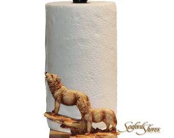 Wolves Paper Towel Holder on bamboo base, Paper Towel Holder Kitchen/Bathroom Décor