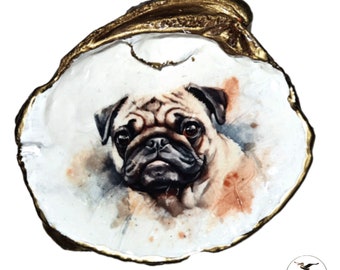 Large Clam Shell with Decoupage Watercolour Pug Ring/Jewelry/Trinket Dish approx 4 inches, Resin finish