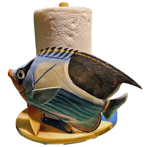 Fish paper towel holder with wood and resin base