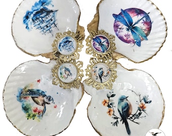 Scallop Shell with Decoupage Ring/Jewelry/Trinket Dish 4 to 4.5 inches, Resin finish