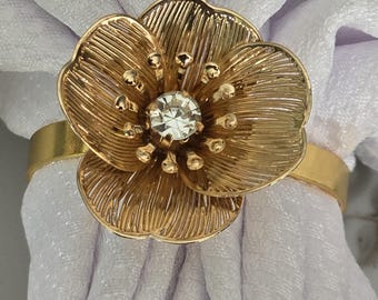 Handmade Set of 6 Gold Metal Napkin Rings with Gold Flower Accents