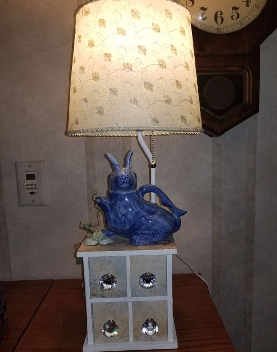 Items similar to Blue Rabbit Lamp, 2drawer chest, Decorated metal