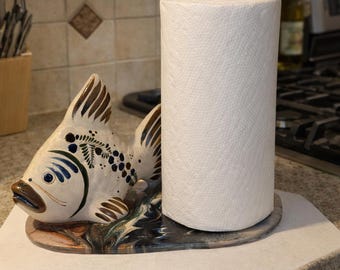 Handmade Mexican Tonala Pottery Fish Paper Towel Holder, Coastal Kitchen Art