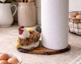 Handmade Chicken Paper Towel Holder - Farmhouse Rooster Decor on Resin-Covered Olive Wood Base
