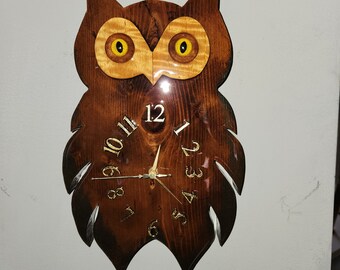 Owl clock, carved wood, 1.5" thick, 13" tall