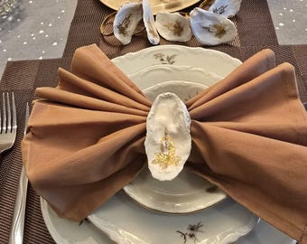 Handmade Set of 6 Gold Oyster Shell Napkin Rings with Christmas Candle Design