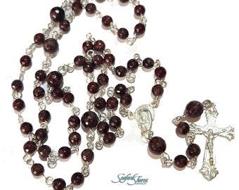 Faceted 6mm & 8mm Garnets, Sterling Silver Center, Crucifix, and Links Rosary