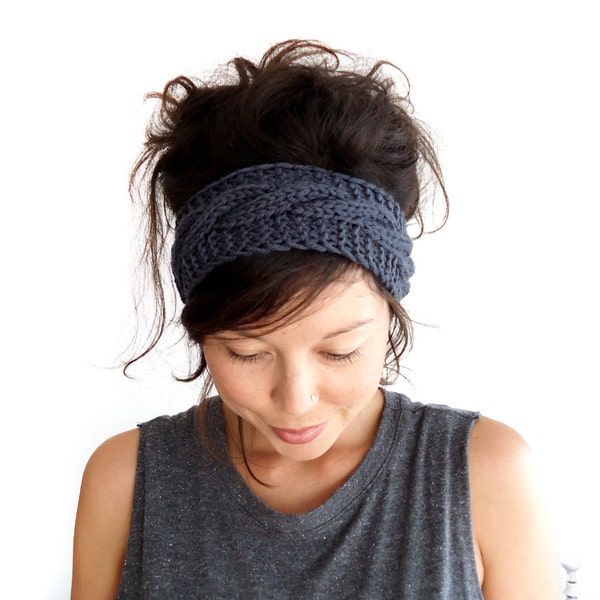 Cable Knit Headband in Charcoal Grey 100% Merino Wool