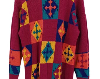 Vintage 80s Pull Over Color Block Geometric Aztec print sweater size L