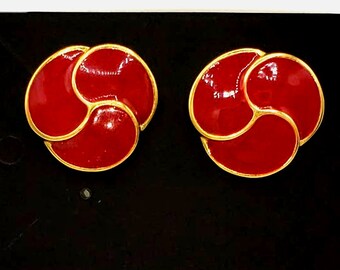 Vintage Napier Signed Gold Tone Earrings Red Enamel