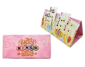 Hands Free embroidered LUCKY BINGO LADY Bingo tab or Playing Card Holder
