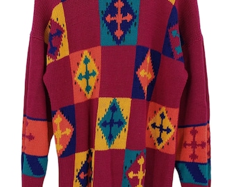 Vintage 80er Jahre Pull Over Color Block Geometrisches Azteken Print Pullover Größe L