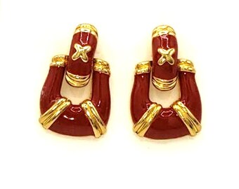 Vintage Avon door knockers gold tone and red enameled earrings