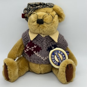 Brass Button Vintage teddy Bear SHERWOOD Plaid Sweater with glasses Teddy Bear White Teddy Bear of long life Dressed Bear Plush jointed