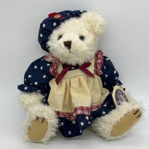 Brass Button Vintage teddy Bear OPAL 1996 Red White and Blue Teddy Bear White Teddy Bear of Love Dressed Bear Plush
