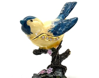 Vintage trinket Blue Bird with rhinestones enameled trinket box Bird collector Bluebird ring box Hinged trinket box