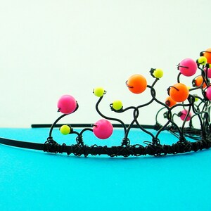 Neon Tiara Hot Pink, Orange, and Yellow Swarovski Pearls on Black Wire, Adult or Child Day-Glo Crown, Free Shipping image 3