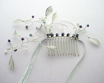Bridal Hair Comb – Sterling Silver Leaves, Pearls, Swarovski Crystals