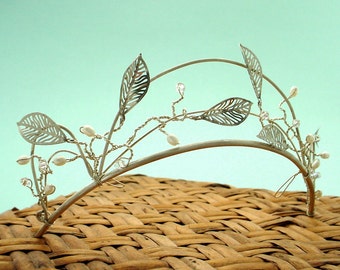 Sterling Silver Leaf Bridal Tiara – Swarovski Crystal & Pearl Wedding Crown