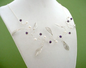 Gemstone Leaf Necklace - Custom Gemstone Choices, Custom Pearl Accent Choices, Sterling Silver or Gold-fill