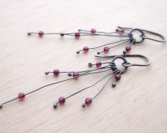 Garnet on Oxidized Silver Organic Earrings