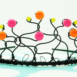 Neon Tiara Hot Pink, Orange, and Yellow Swarovski Pearls on Black Wire, Adult or Child Day-Glo Crown, Free Shipping image 2