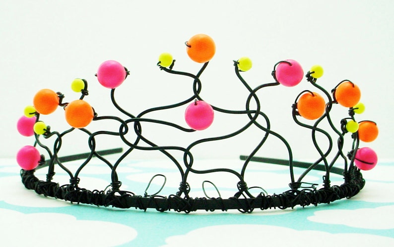 Neon Tiara Hot Pink, Orange, and Yellow Swarovski Pearls on Black Wire, Adult or Child Day-Glo Crown, Free Shipping image 2