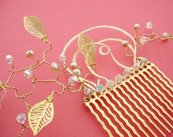 Gold Hair Comb with Pearl, Leaf and Crystal, Custom Colors