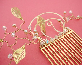 Pearl, Leaf & Crystal on Gold Hair Comb - Custom Color Choices, Free Shipping