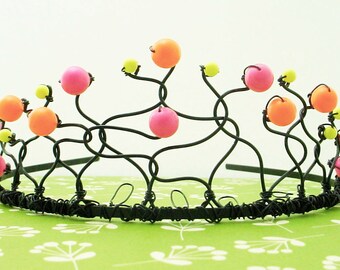 Neon Swarovski Pearl Tiara - Handmade Black Wire Day-Glo Crown