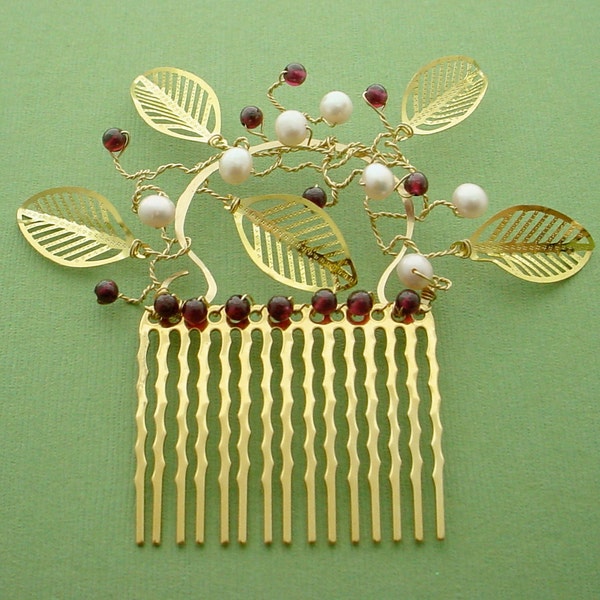 Golden Hair Comb - Garnet, Pink Pearl, & Gold Leaves, Free Shipping