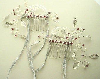 Hair Combs, Pearl, Leaf & Crystal on Silver, Custom Colors Options, Inspired by the Film Labyrinth, Free Shipping