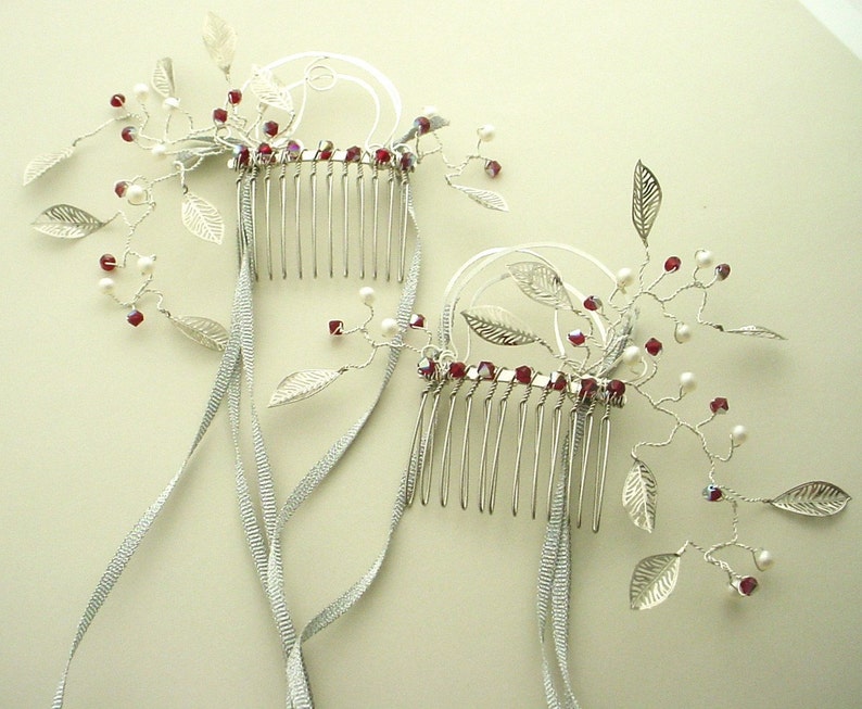 Hair Combs, Pearl, Leaf & Crystal on Silver, Custom Colors Options, Inspired by the Film Labyrinth, Free Shipping image 1