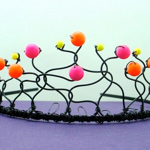 Neon Tiara Hot Pink, Orange, and Yellow Swarovski Pearls on Black Wire, Adult or Child Day-Glo Crown, Free Shipping image 5