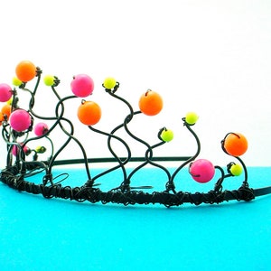 Neon Tiara Hot Pink, Orange, and Yellow Swarovski Pearls on Black Wire, Adult or Child Day-Glo Crown, Free Shipping image 4