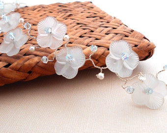 Custom Blossom Hair Vine – White Resin Flowers, Crystal Pearls
