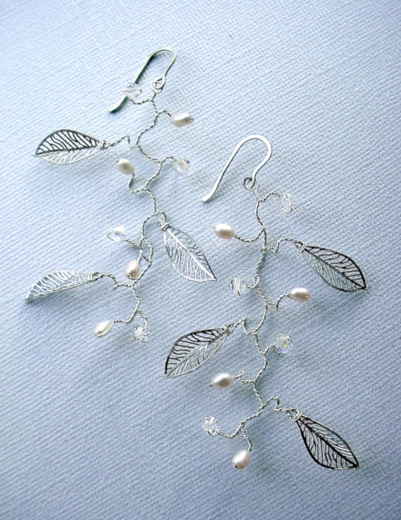 Vine & Leaf Earrings Custom Pearl, Gemstone, Crystal Choices, Sterling Silver or 14 Karat Gold-fill, free shipping image 2