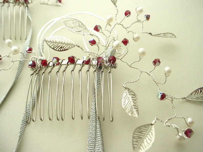Hair Combs, Pearl, Leaf & Crystal on Silver, Custom Colors Options, Inspired by the Film Labyrinth, Free Shipping image 3