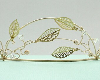 Bridal Tiara - Leaves, Pearls, and Crystals on Gold